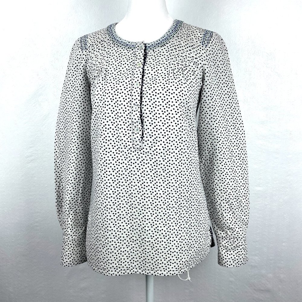 Boden Alexa 100% Cotton White Navy Blue Polka Dot Popover Top Shirt Sz 2